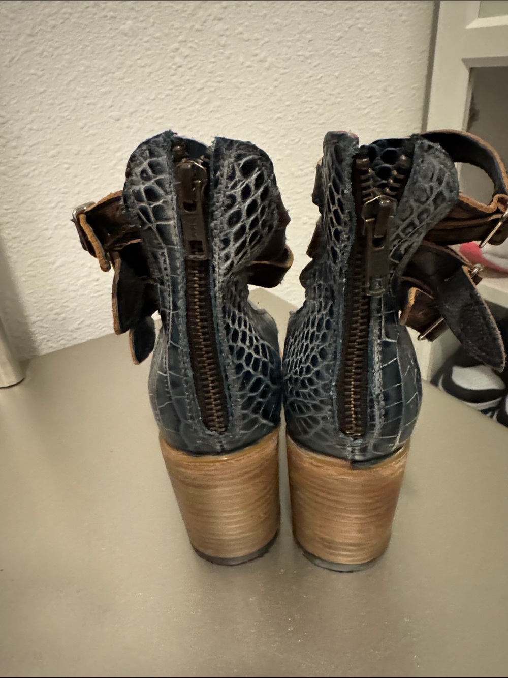 Freebird by Steven Teal Croc-Embossed Ankle-Strap Pumps with Brown Straps - Picture 4 of 5